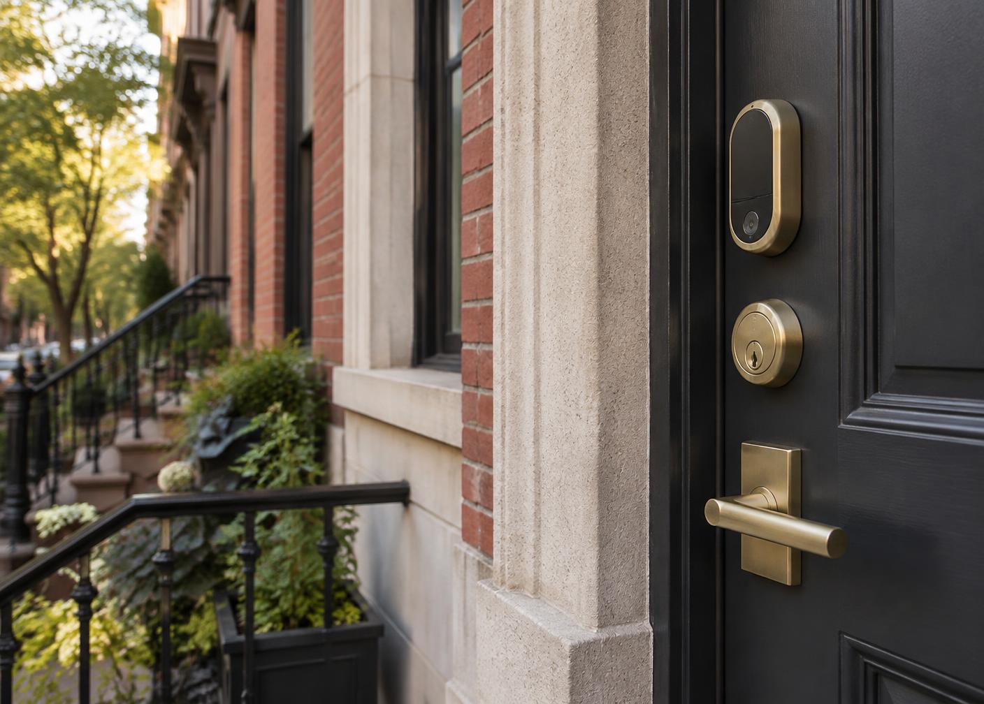 Smart lock and brass hardware on a New York entry door